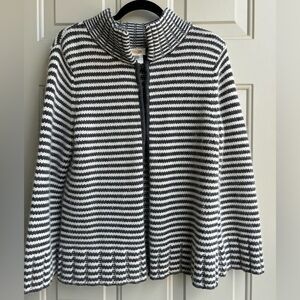 Talbots L Gray/Ivory Stripe Wool Alpaca Blend Clasp Front 3/4 Sleeve Cardigan